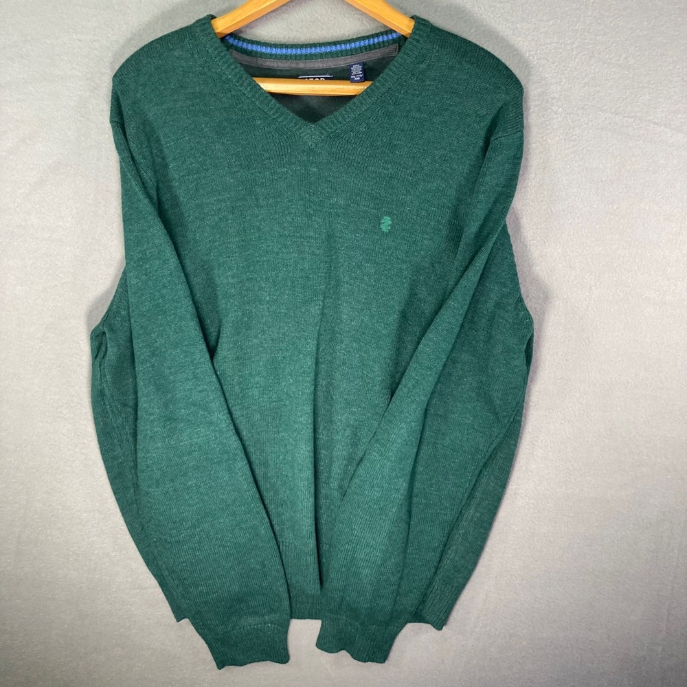 IZOD Mens Sweater 2XL Green V Neck Knit Pullover Casual Classic‎